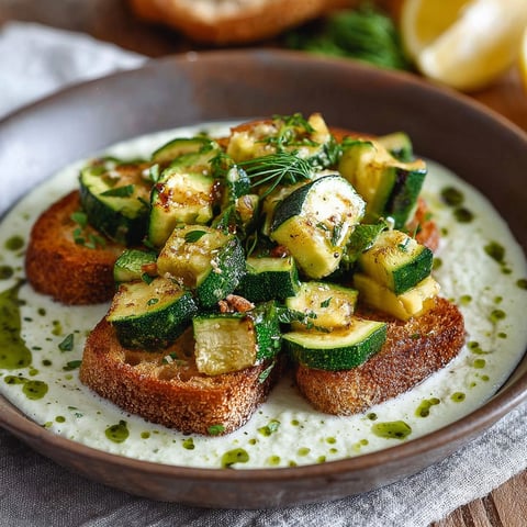 Une salade de zucchini et de crostini paprika.