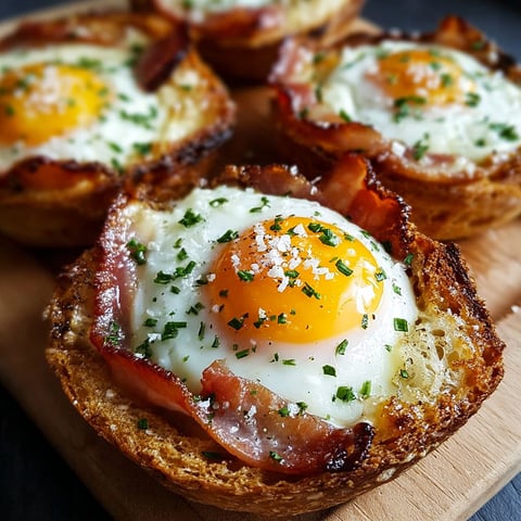 Une recette de Cestini pancetta e uova est servie sur une planche de bois.