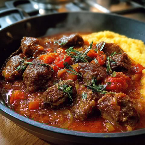 Un plat de pastissada spezzatino cavallo veneto est servi sur une table.